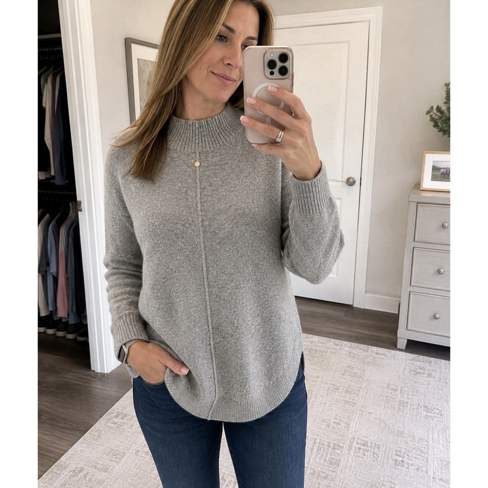 LOFT Women's Cotton Blend Sweater Mock Neck Pullover Long Sleeve Gray Petite SP